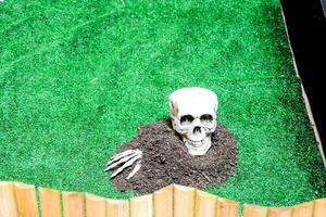 a fake skeleton is sitting in the grass photo