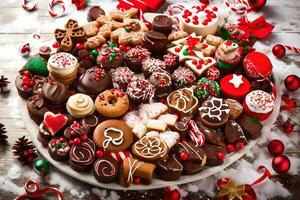 Navidad galletas y golosinas en un plato. generado por ai foto