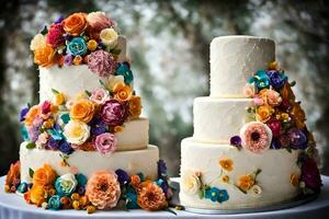 two wedding cakes with colorful flowers on top. AI-Generated photo