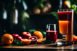 un vaso de naranja jugo y un naranja en un mesa. generado por ai foto