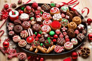 christmas cookies and candy on a platter. AI-Generated photo