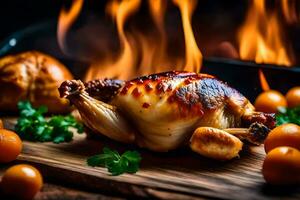 un pollo es sentado en un de madera corte tablero con naranjas generado por ai foto