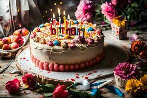 a birthday cake with candles on it and flowers. AI-Generated photo