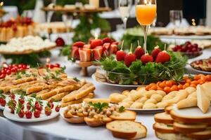 a buffet table with many different types of food. AI-Generated photo