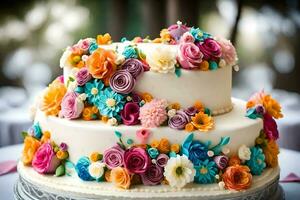 a three tiered cake with colorful flowers on top. AI-Generated photo