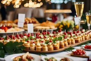 un buffet mesa con aperitivos y champán lentes. generado por ai foto