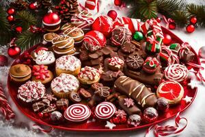 christmas candy platter with candy and cookies. AI-Generated photo