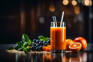 fresh juice in a glass with oranges and grapes. AI-Generated photo