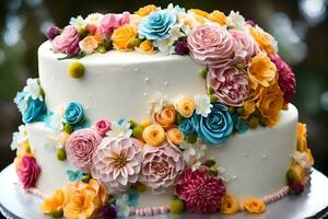 a white cake with colorful flowers on it. AI-Generated photo