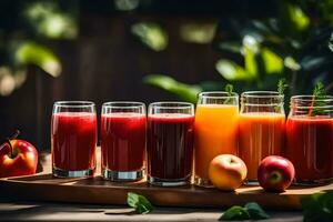 a variety of juices and fruit on a wooden tray. AI-Generated photo