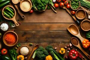 a wooden table with many different types of vegetables. AI-Generated photo