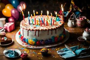 a birthday cake with candles on it. AI-Generated photo