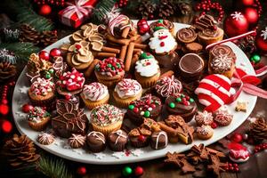 Navidad postre plato con Navidad decoraciones en un de madera mesa. generado por ai foto