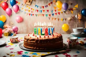 a birthday cake with candles on it and balloons. AI-Generated photo