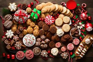 Navidad galletas en un de madera mesa. generado por ai foto