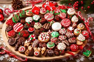 a platter of christmas cookies and candies. AI-Generated photo