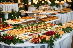 a buffet table with various types of food. AI-Generated photo