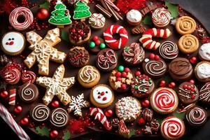 Navidad galletas y caramelo en un lámina. generado por ai foto