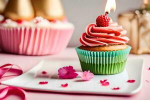 a cupcake with pink frosting and a candle. AI-Generated photo