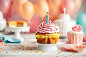 birthday cake with pink frosting and candles. AI-Generated photo