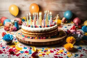 birthday cake with candles on a wooden table. AI-Generated photo