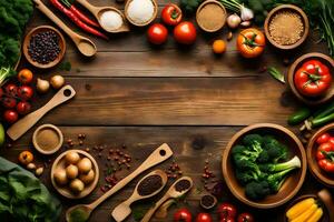 various vegetables and spices are arranged in bowls on a wooden table. AI-Generated photo