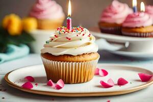 a cupcake with a lit candle on top. AI-Generated photo