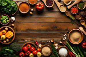 a wooden table with many different types of spices and vegetables. AI-Generated photo