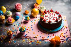 the birthday cake is surrounded by balloons and confetti. AI-Generated photo
