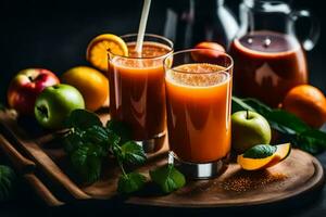 dos lentes de jugo con naranjas y manzanas generado por ai foto