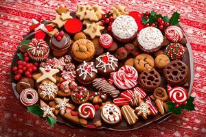 un plato de Navidad galletas y caramelo. generado por ai foto