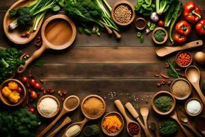 a wooden table with various spices and vegetables. AI-Generated photo