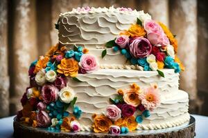 a three layer cake with colorful flowers on top. AI-Generated photo