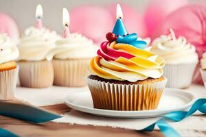 birthday cupcakes with candles on a table. AI-Generated photo