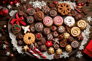 Navidad galletas en un de madera mesa. generado por ai foto