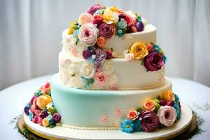 a three tiered cake with colorful flowers on top. AI-Generated photo