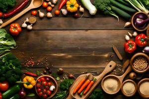 a wooden table with various vegetables and spices. AI-Generated photo