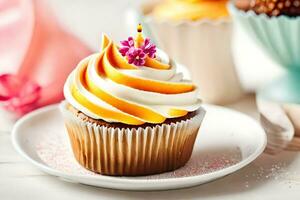 a cupcake with orange frosting and a candle. AI-Generated photo