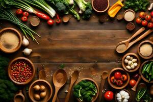 a variety of vegetables and spices are arranged in wooden bowls. AI-Generated photo