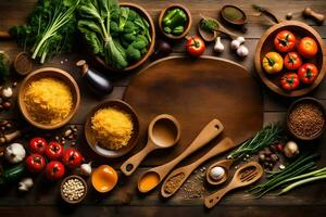 various types of vegetables and spices on a wooden table. AI-Generated photo