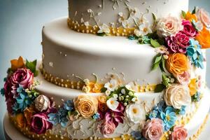 a three tiered cake with colorful flowers on it. AI-Generated photo