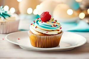 a cupcake with white frosting and a raspberry on top. AI-Generated photo