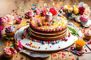 un cumpleaños pastel con vistoso asperja y velas generado por ai foto