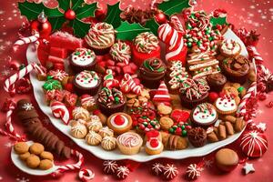 christmas candy platter with candy and cookies. AI-Generated photo