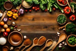 a wooden table with various vegetables and spices. AI-Generated photo