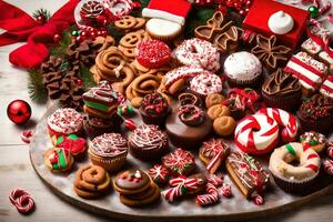 christmas dessert platter with christmas cookies and candies. AI-Generated photo