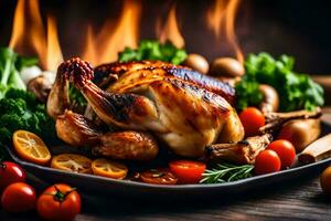 a roasted chicken on a plate with vegetables and herbs. AI-Generated photo