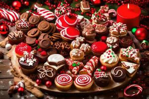 christmas cupcakes on a wooden table. AI-Generated photo