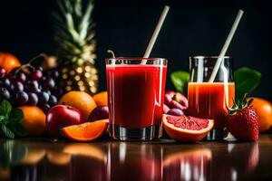 fresh fruit and juice on a dark background. AI-Generated photo