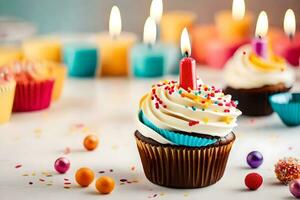 birthday cupcakes with candles. AI-Generated photo